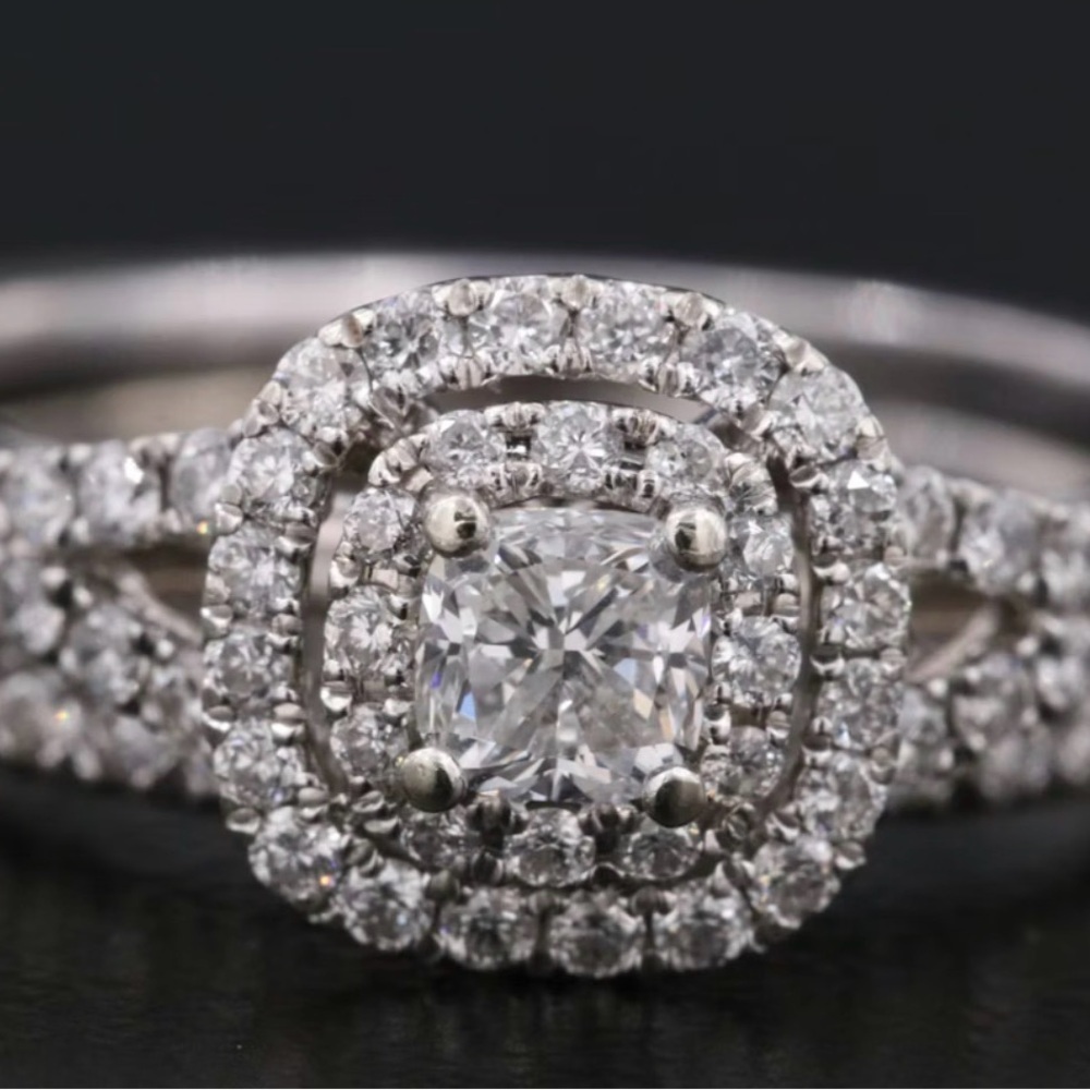 Double Halo Round Real Diamond Wedding Ring in 14k White Gold - Picture 5 of 13